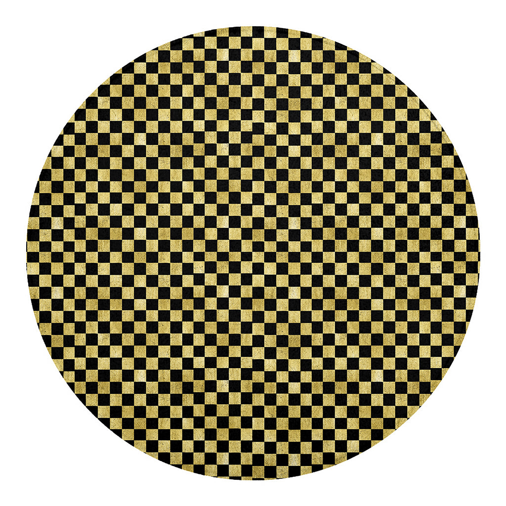 Gold And Black Checkered Pattern Print Round Blanket