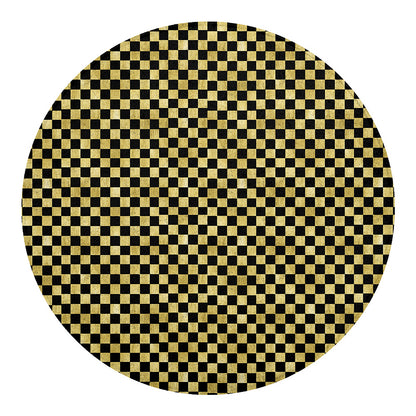 Gold And Black Checkered Pattern Print Round Blanket