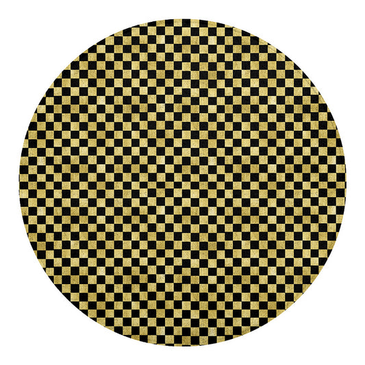 Gold And Black Checkered Pattern Print Round Blanket