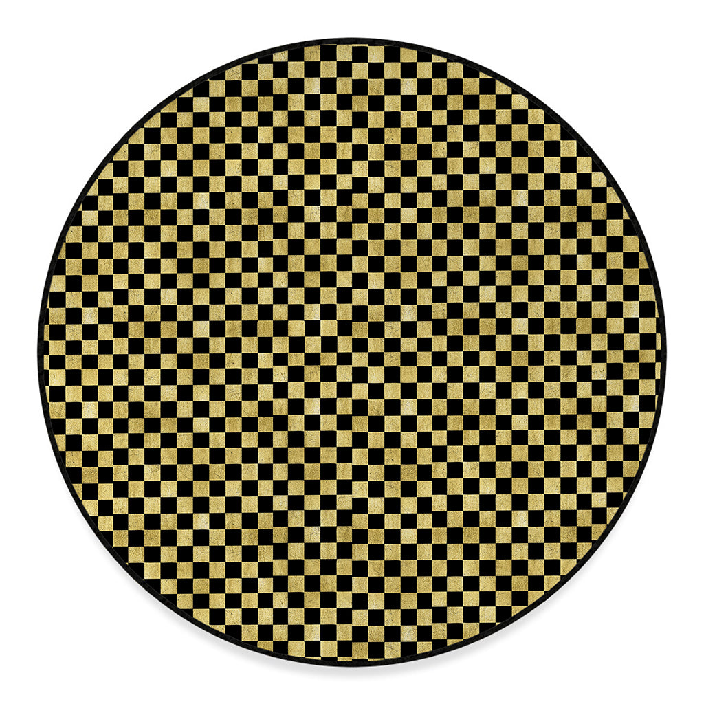 Gold And Black Checkered Pattern Print Round Floor Mat