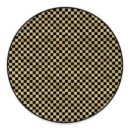 Gold And Black Checkered Pattern Print Round Floor Mat