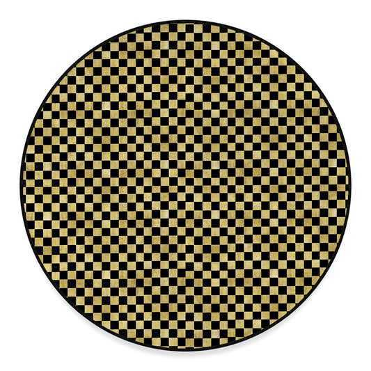 Gold And Black Checkered Pattern Print Round Floor Mat