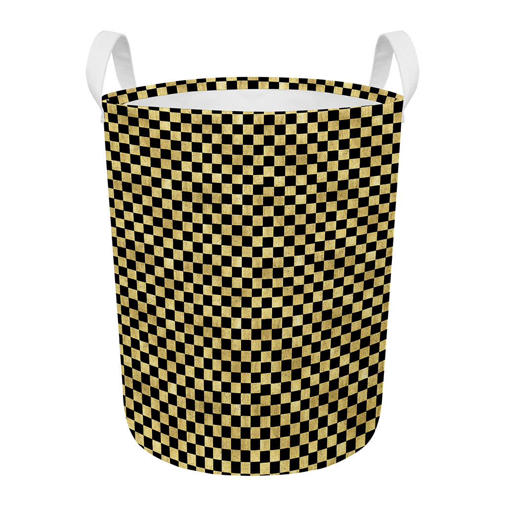 Gold And Black Checkered Pattern Print Round Laundry Basket