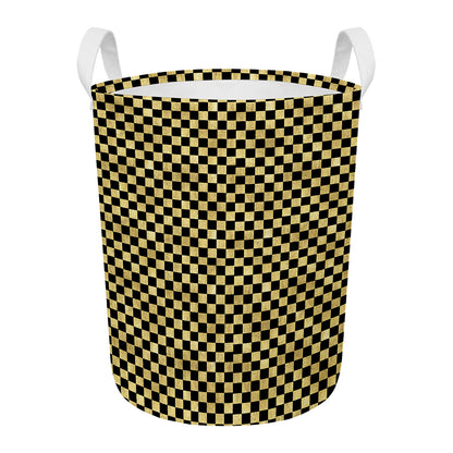 Gold And Black Checkered Pattern Print Round Laundry Basket
