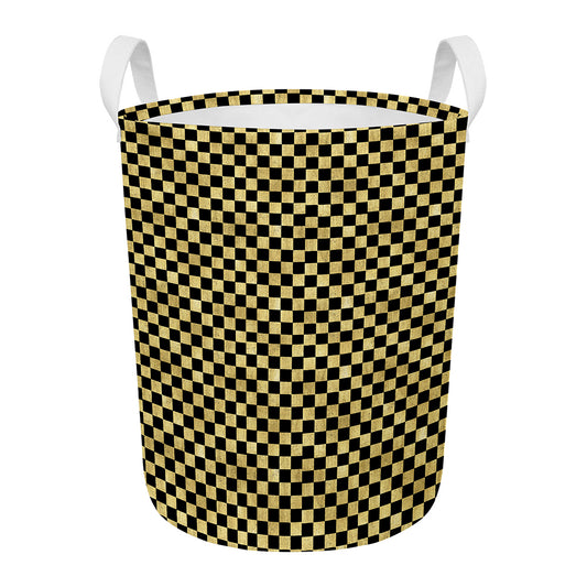 Gold And Black Checkered Pattern Print Round Laundry Basket