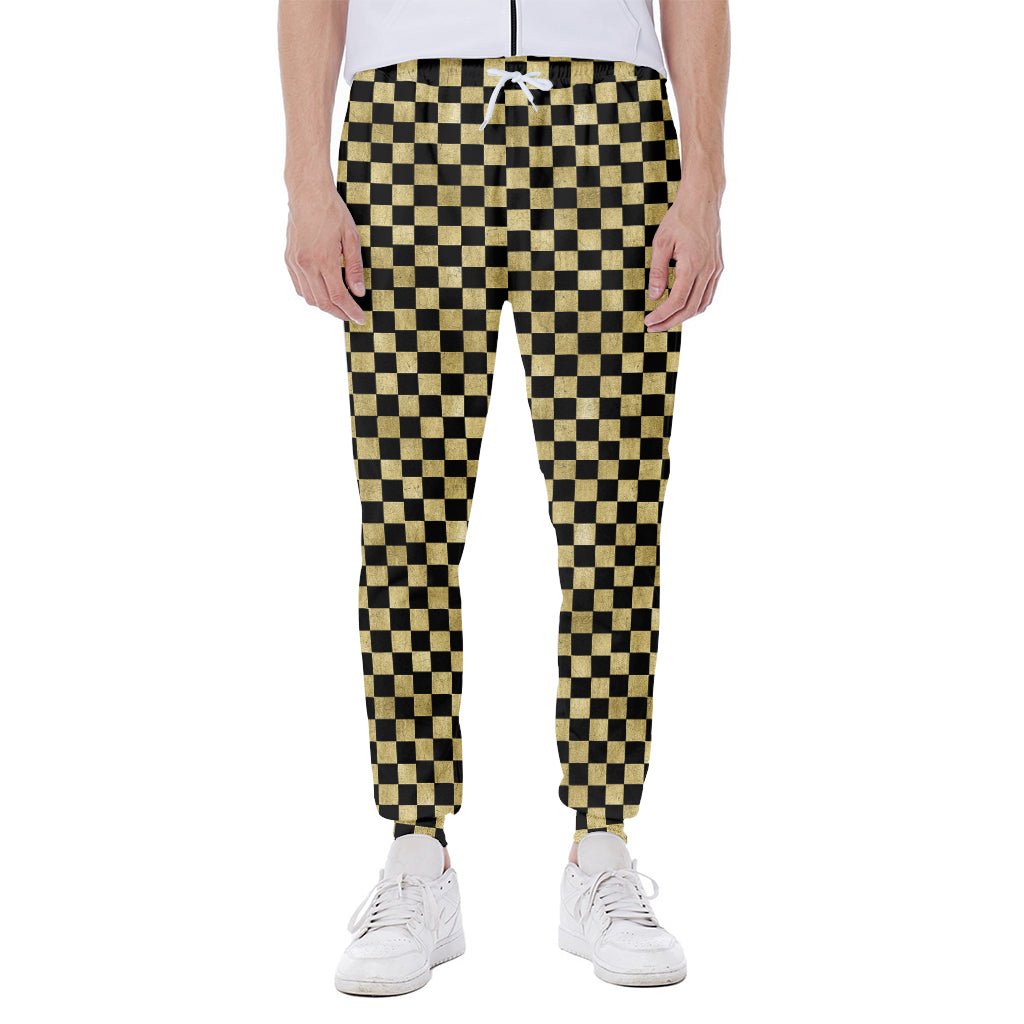 Gold And Black Checkered Pattern Print Scuba Joggers