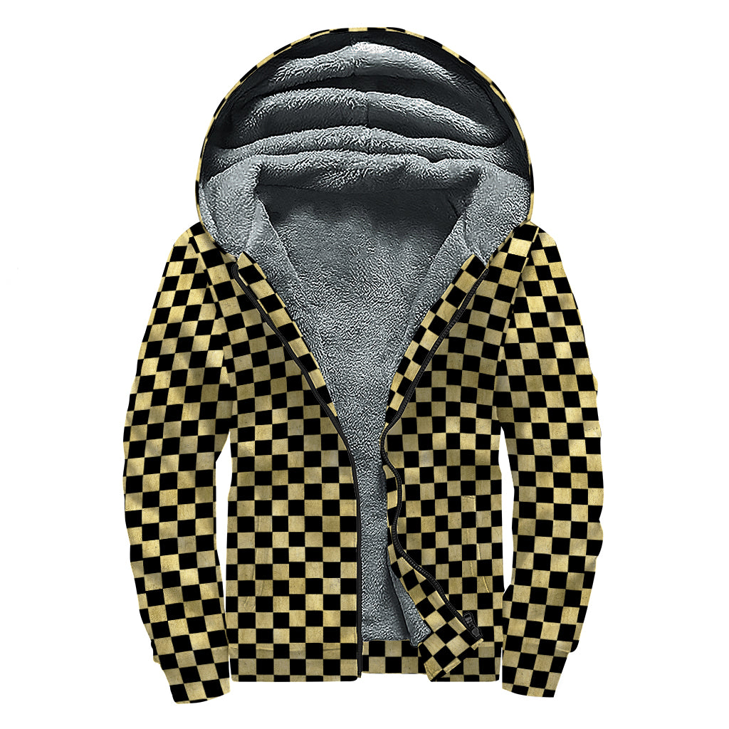 Gold And Black Checkered Pattern Print Sherpa Lined Zip Up Hoodie