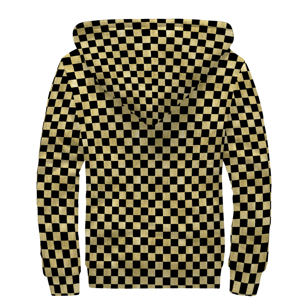 Gold And Black Checkered Pattern Print Sherpa Lined Zip Up Hoodie
