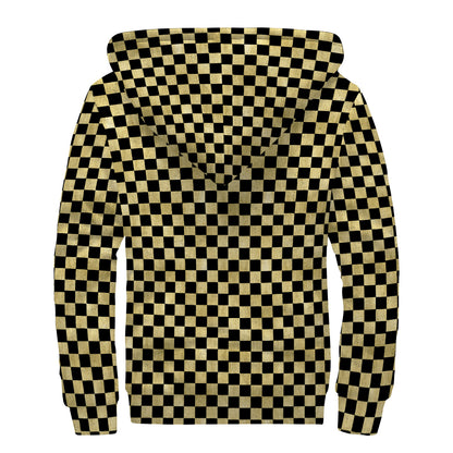 Gold And Black Checkered Pattern Print Sherpa Lined Zip Up Hoodie