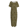 Gold And Black Checkered Pattern Print Short Sleeve Long Nightdress