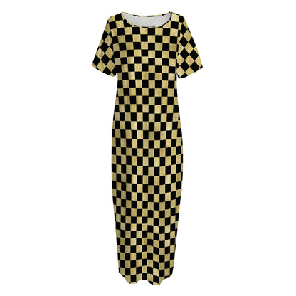 Gold And Black Checkered Pattern Print Short Sleeve Long Nightdress