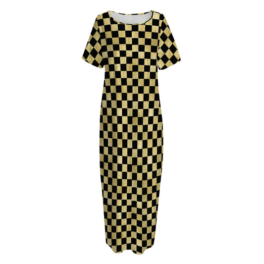 Gold And Black Checkered Pattern Print Short Sleeve Long Nightdress