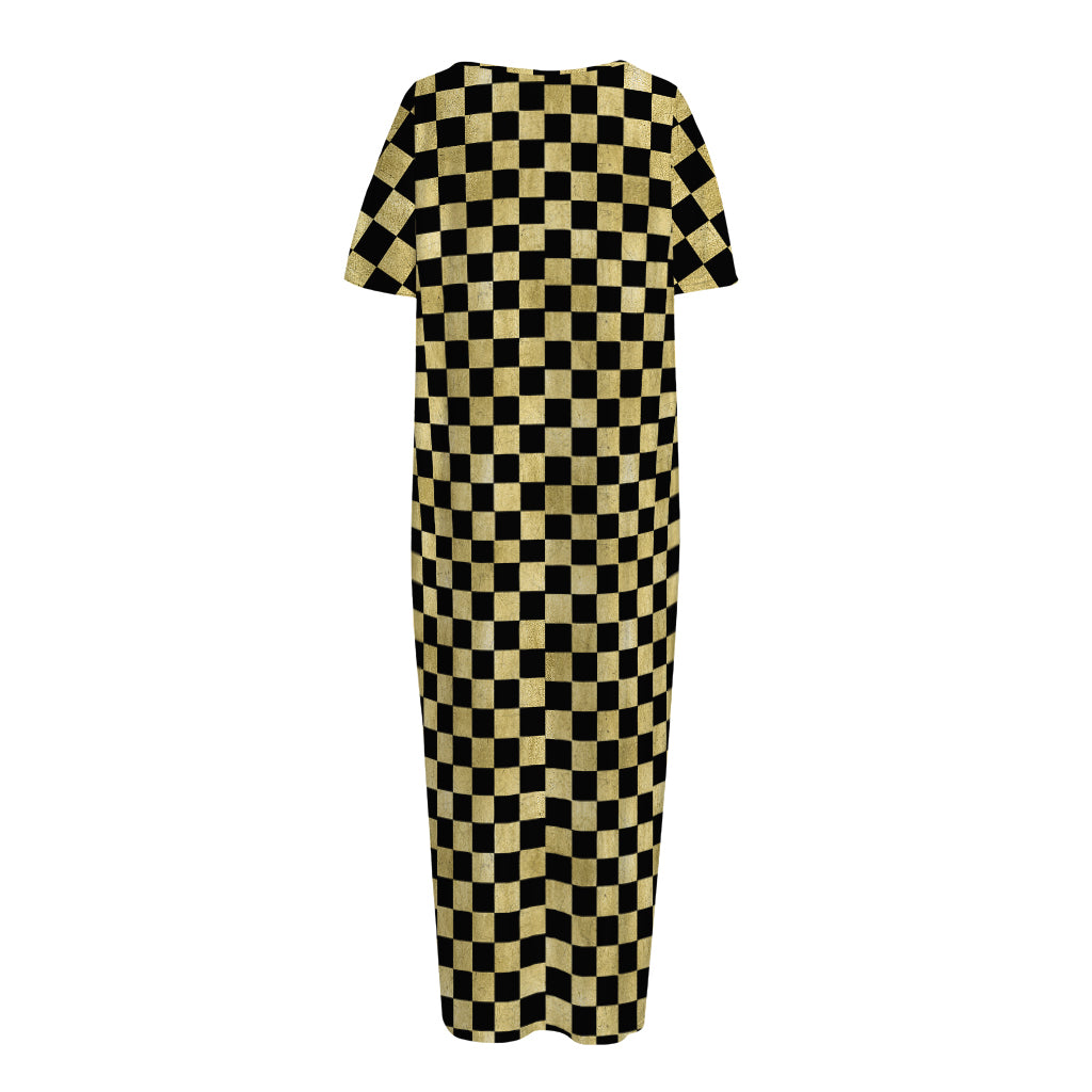 Gold And Black Checkered Pattern Print Short Sleeve Long Nightdress