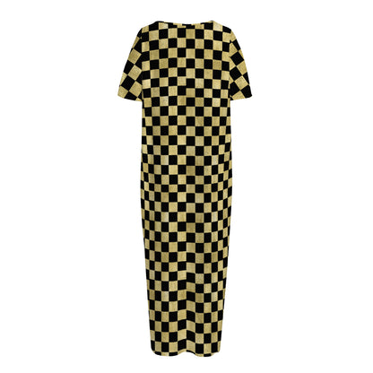 Gold And Black Checkered Pattern Print Short Sleeve Long Nightdress