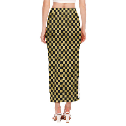 Gold And Black Checkered Pattern Print Side Slit Maxi Skirt