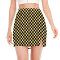 Gold And Black Checkered Pattern Print Side Slit Mini Skirt