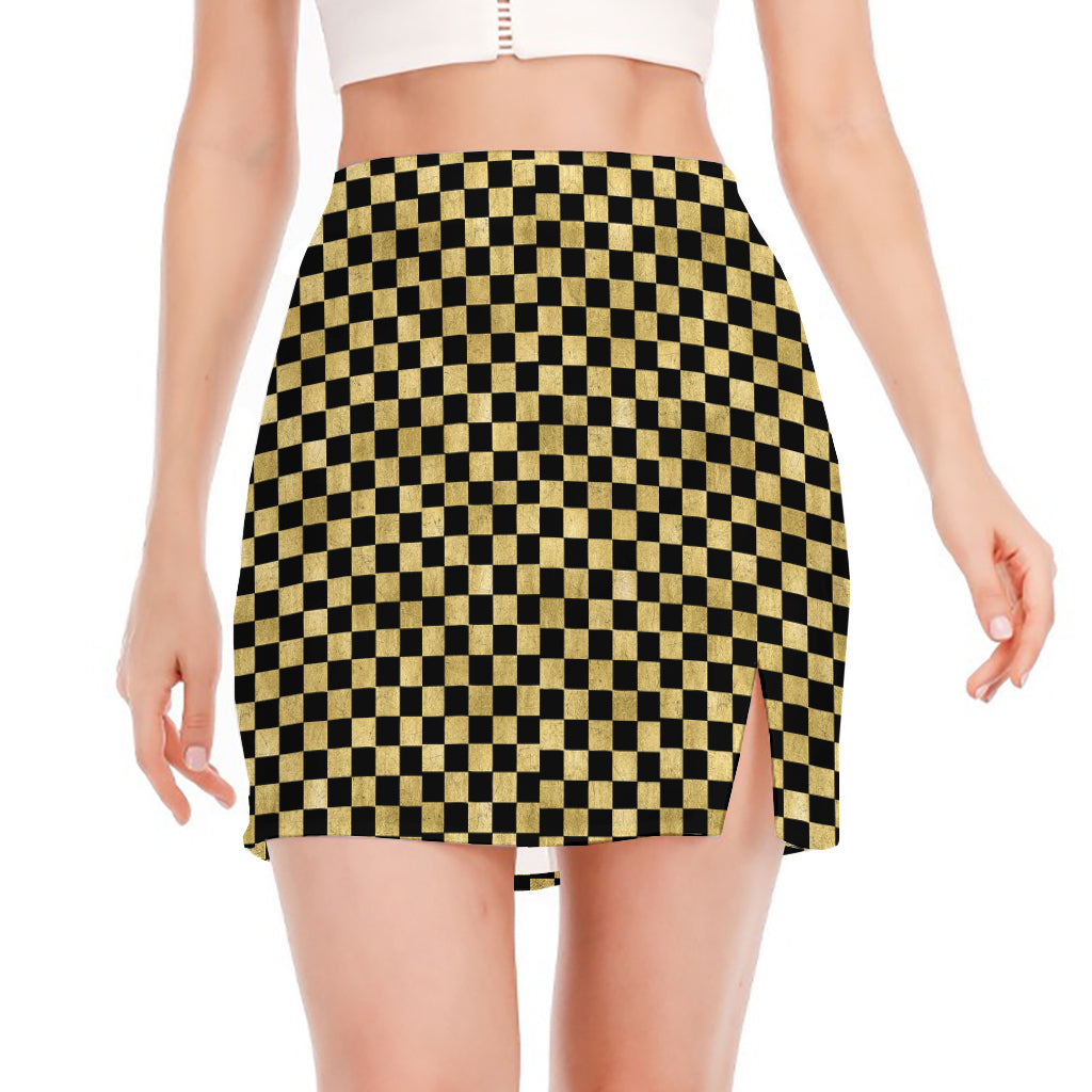 Gold And Black Checkered Pattern Print Side Slit Mini Skirt