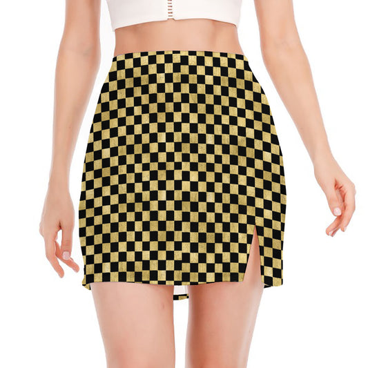Gold And Black Checkered Pattern Print Side Slit Mini Skirt