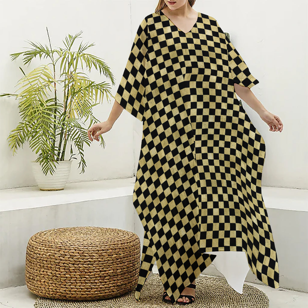 Gold And Black Checkered Pattern Print Silk V-Neck Kaftan Dress