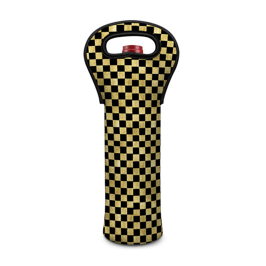 Gold And Black Checkered Pattern Print Single Neoprene Wine Tote