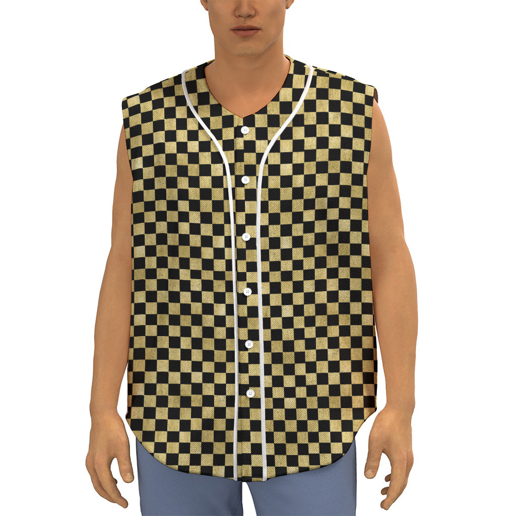 Gold And Black Checkered Pattern Print Sleeveless Baseball Jersey