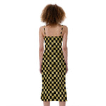 Gold And Black Checkered Pattern Print Slim Fit Midi Cami Dress