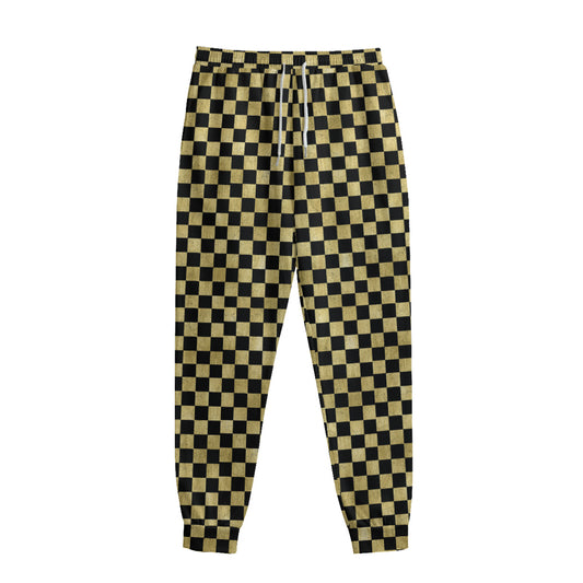 Gold And Black Checkered Pattern Print Sweatpants