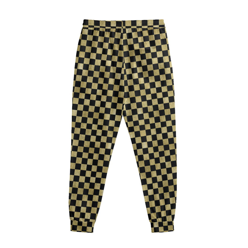 Gold And Black Checkered Pattern Print Sweatpants