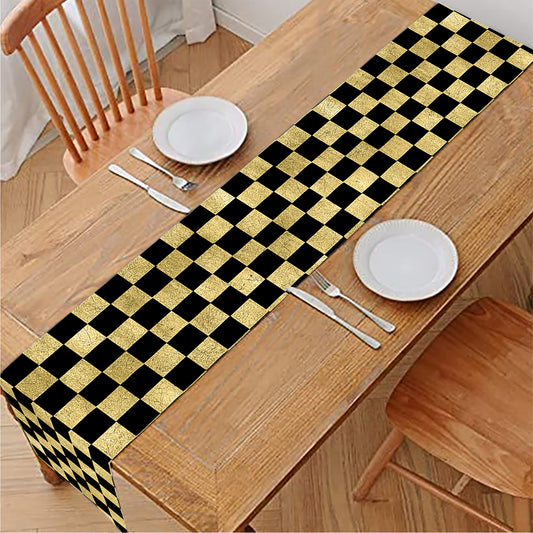 Gold And Black Checkered Pattern Print Table Runner
