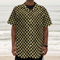 Gold And Black Checkered Pattern Print Textured Short Sleeve Shirt