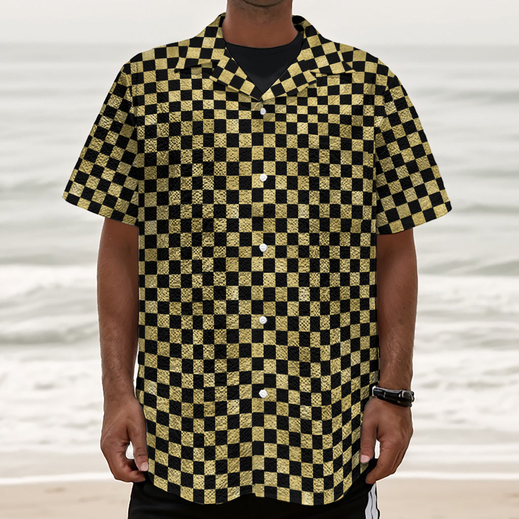 Gold And Black Checkered Pattern Print Textured Short Sleeve Shirt