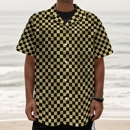 Gold And Black Checkered Pattern Print Textured Short Sleeve Shirt