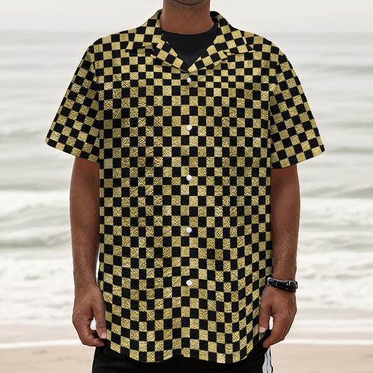 Gold And Black Checkered Pattern Print Textured Short Sleeve Shirt