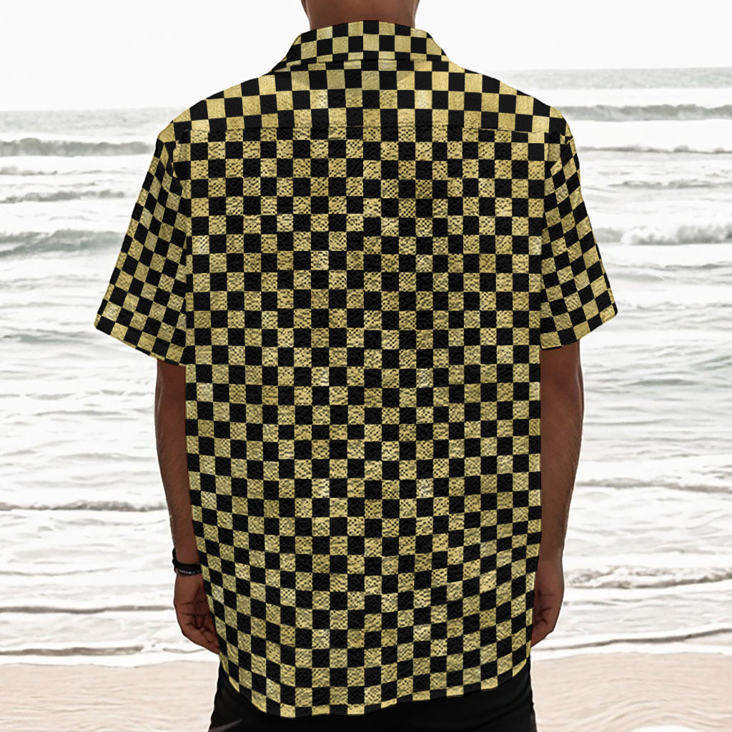 Gold And Black Checkered Pattern Print Textured Short Sleeve Shirt