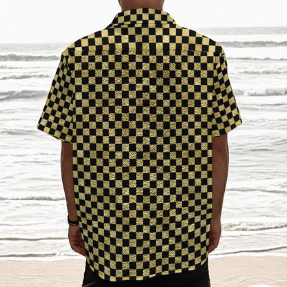 Gold And Black Checkered Pattern Print Textured Short Sleeve Shirt