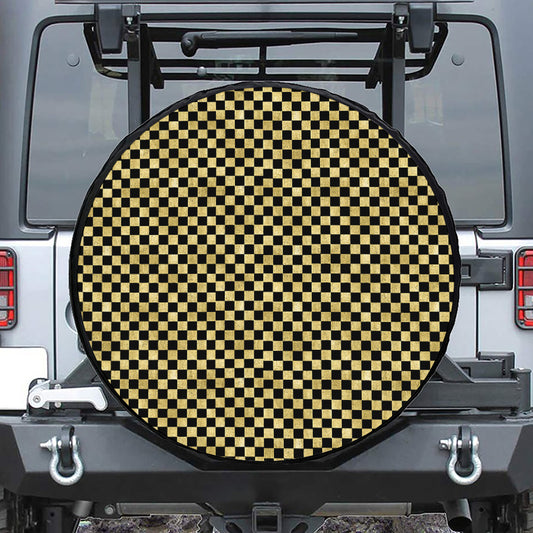 Gold And Black Checkered Pattern Print Tire Cover