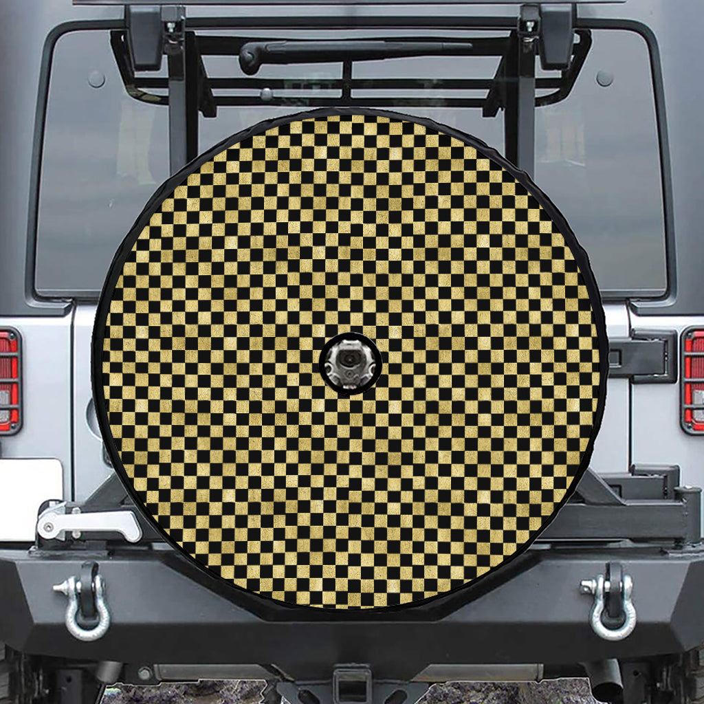 Gold And Black Checkered Pattern Print Tire Cover With Camera Hole