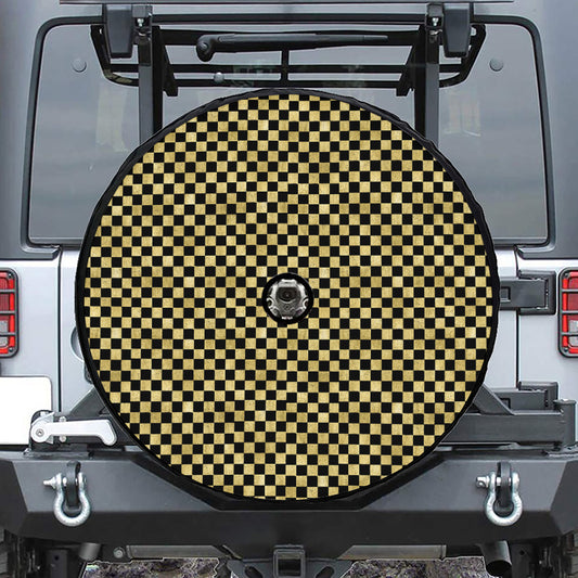 Gold And Black Checkered Pattern Print Tire Cover With Camera Hole