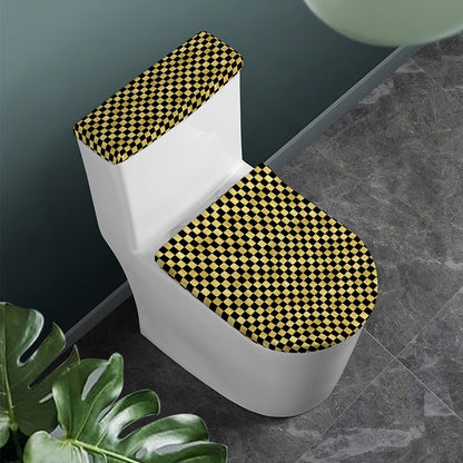 Gold And Black Checkered Pattern Print Toilet Lid And Tank Cover Set