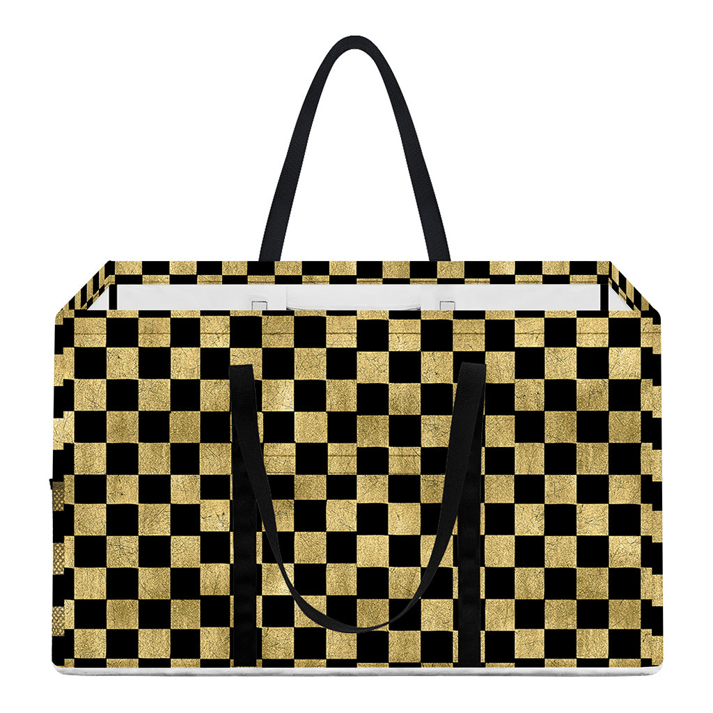 Gold And Black Checkered Pattern Print Utility Tote Bag