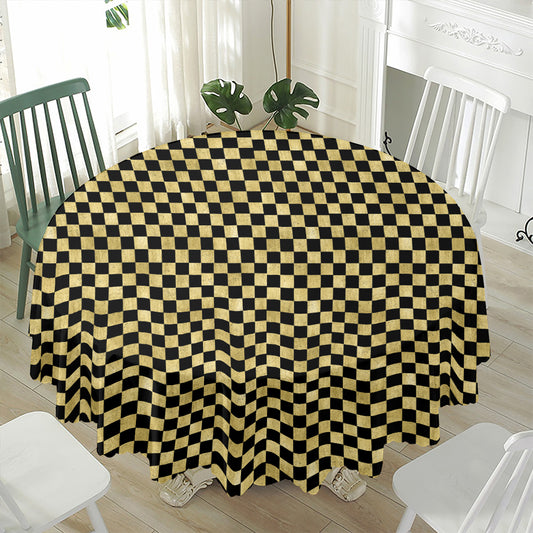 Gold And Black Checkered Pattern Print Waterproof Round Tablecloth