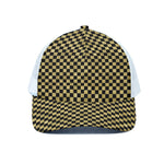 Gold And Black Checkered Pattern Print White Mesh Trucker Cap