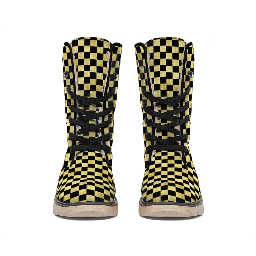 Gold And Black Checkered Pattern Print Winter Boots