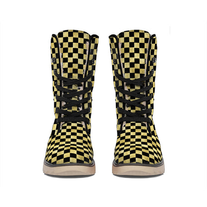 Gold And Black Checkered Pattern Print Winter Boots
