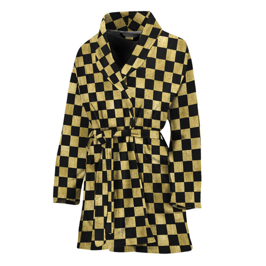 Gold And Black Checkered Pattern Print Women's Bathrobe