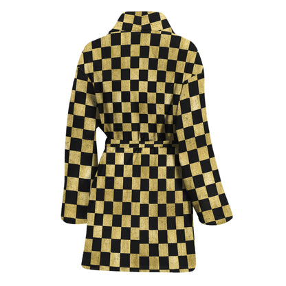 Gold And Black Checkered Pattern Print Women's Bathrobe