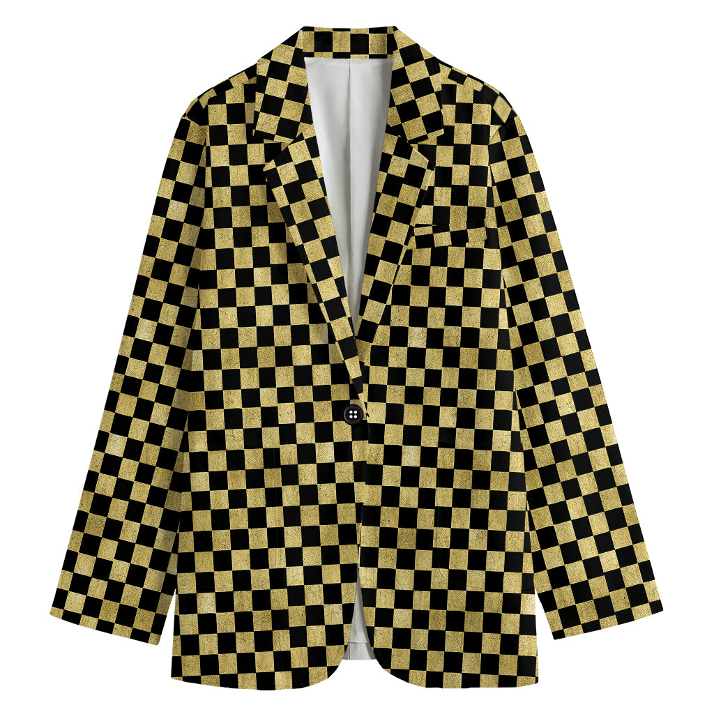 Gold And Black Checkered Pattern Print Women's Blazer