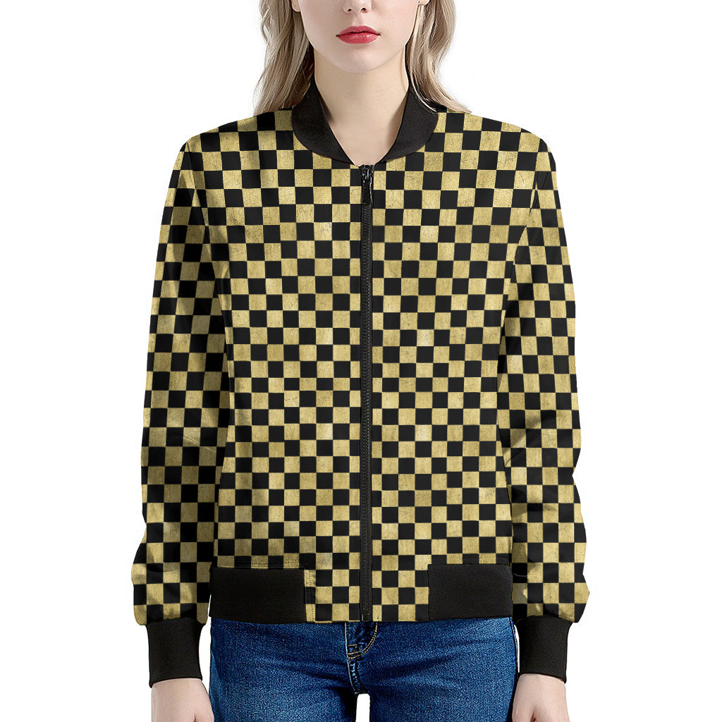 Gold And Black Checkered Pattern Print Women's Bomber Jacket