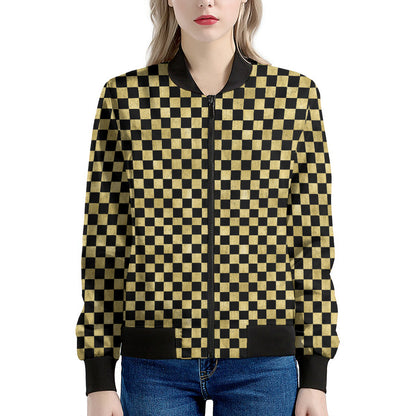 Gold And Black Checkered Pattern Print Women's Bomber Jacket