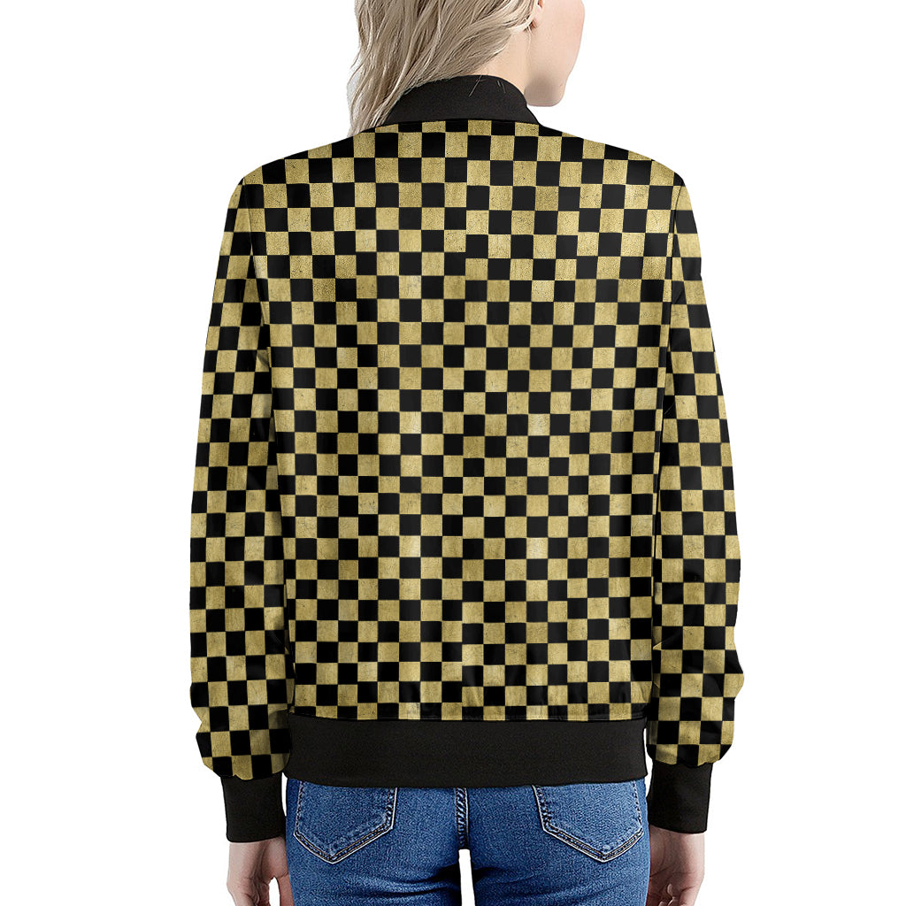 Gold And Black Checkered Pattern Print Women's Bomber Jacket